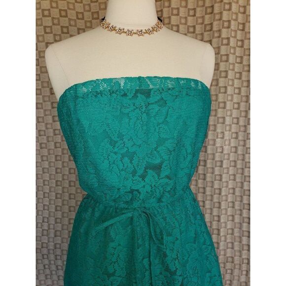 Women's Strapless Dress Lace Hollow Out Sexy High Low Mini Teal Dress Medium NWO - Picture 3 of 9